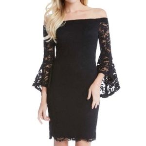 Karen Kane black lace Samantha dress, off shoulder, 3/4 bell sleeves Size XS